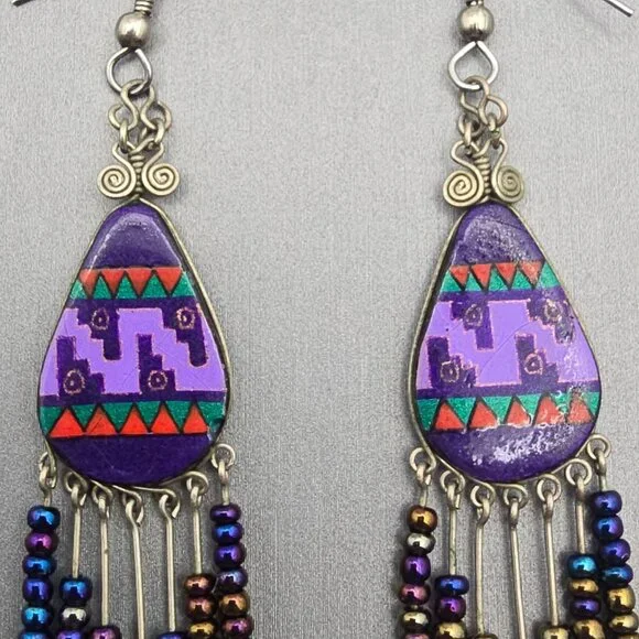 VTG Purple Southwestern Dangle Drop Earrings Beaded Fringe Tribal Pattern Design - Picture 3 of 7